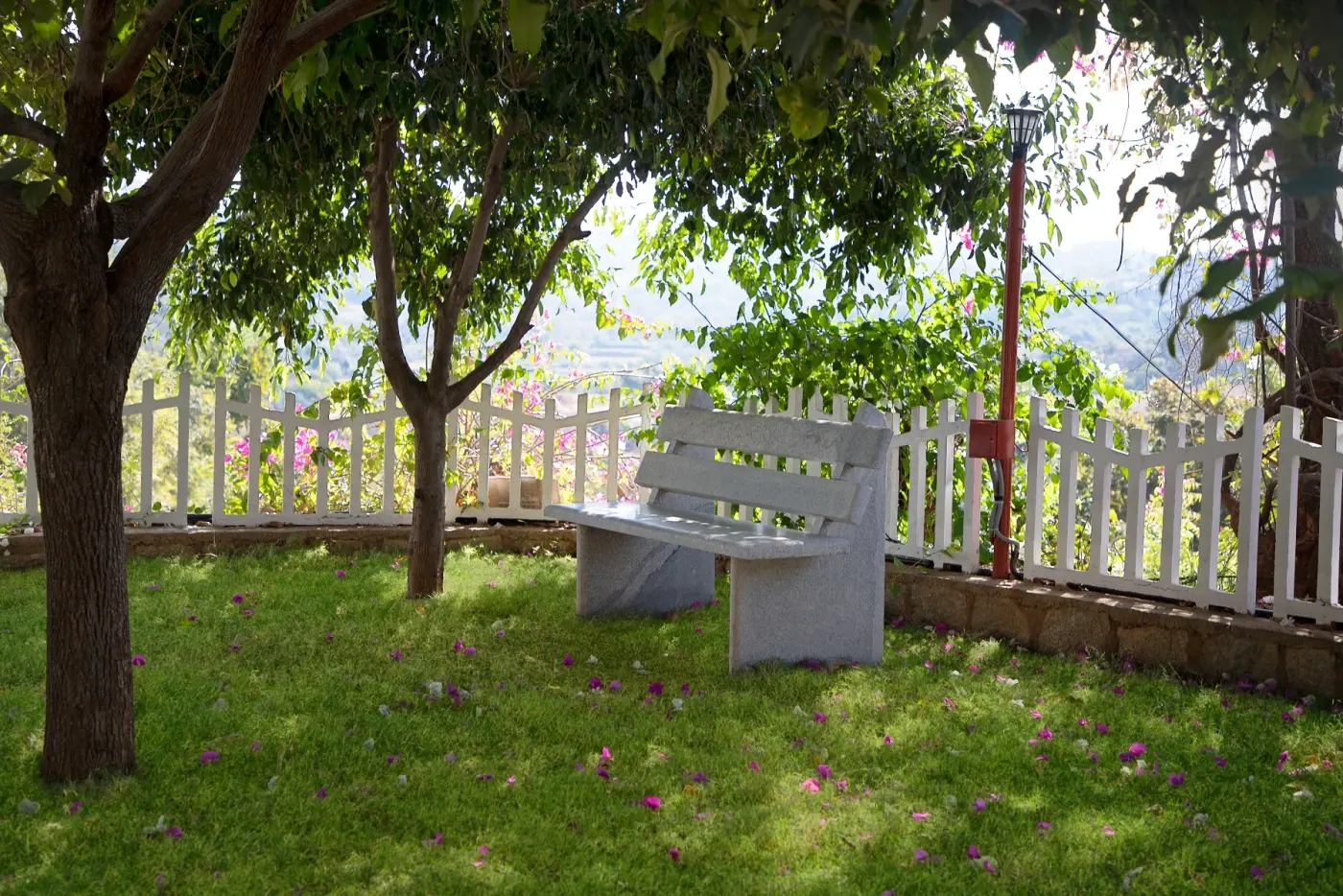 Quiet garden bench at the wellness centre